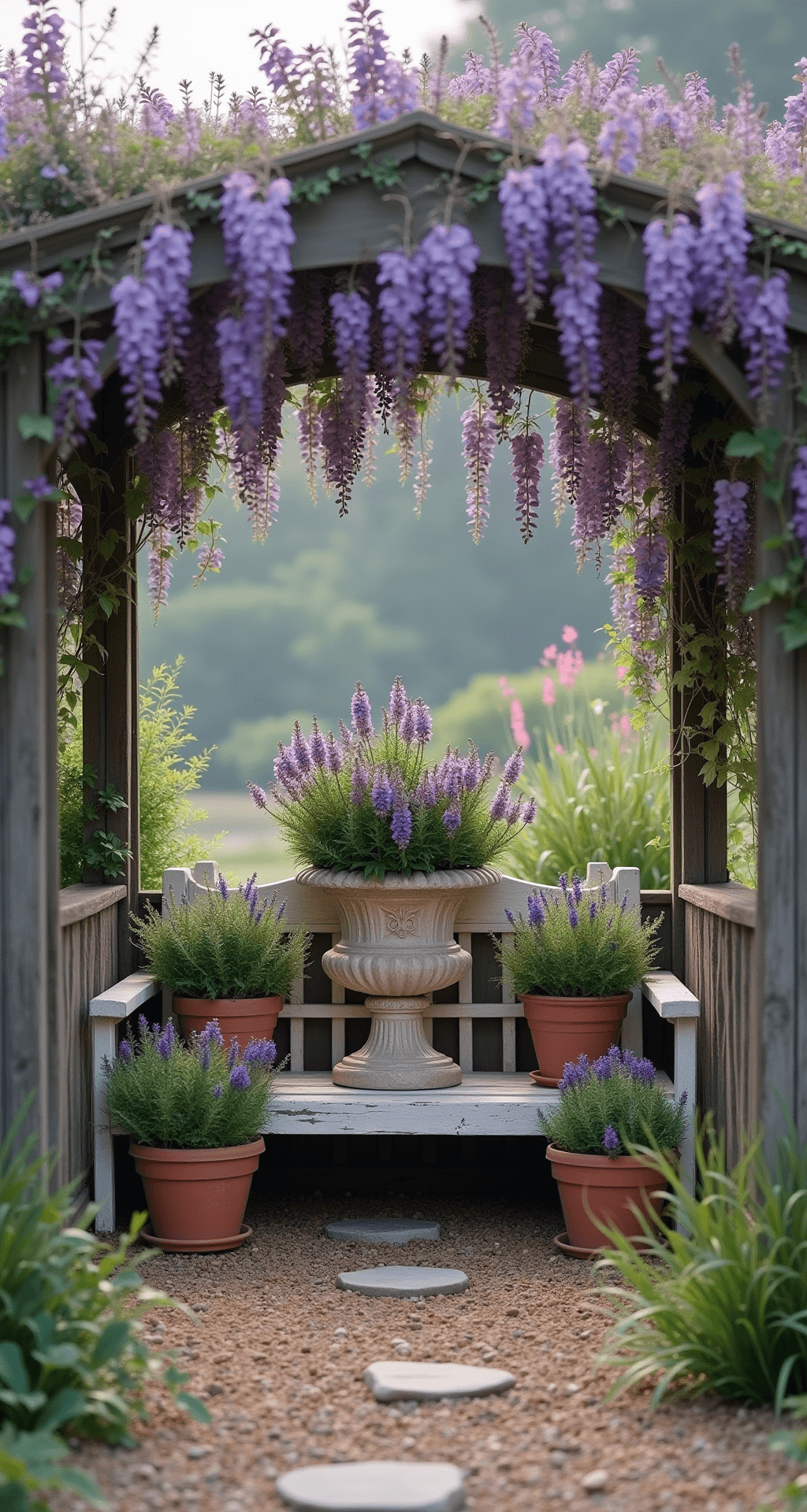 A charming English cottage-style garden nook featuring a weathered wooden arbor draped with lavender wisteria, a large antique stone urn filled with lavender flowers, and a rustic bench with peeling paint, all enveloped in soft, hazy afternoon light.