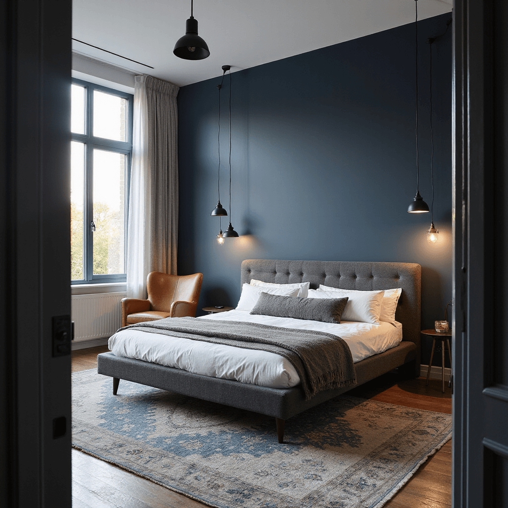 A sophisticated contemporary bedroom featuring a low-profile platform bed, navy blue accent wall, industrial pendant lights, and a weathered leather armchair, all illuminated by late afternoon sunlight through floor-to-ceiling windows.