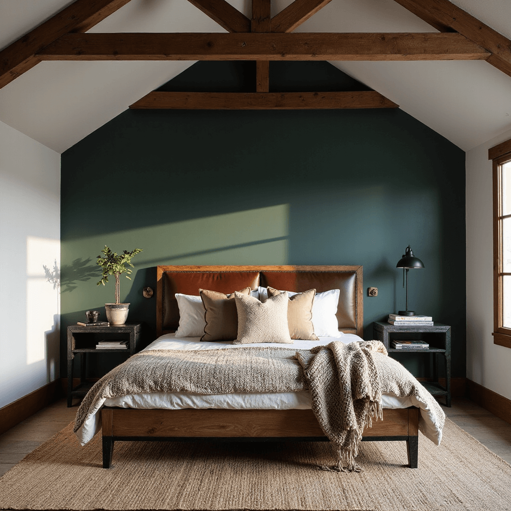 Master bedroom featuring a vaulted ceiling with exposed wooden beams, a reclaimed wood bed frame with a leather-wrapped headboard, blackened steel nightstands with marble tops, and a deep forest green accent wall. The scene is illuminated by early morning light, casting angular shadows and creating a moody, masculine atmosphere with textural elements like a chunky knit throw blanket and handwoven jute rug. Shot from a low angle to highlight the architectural details.
