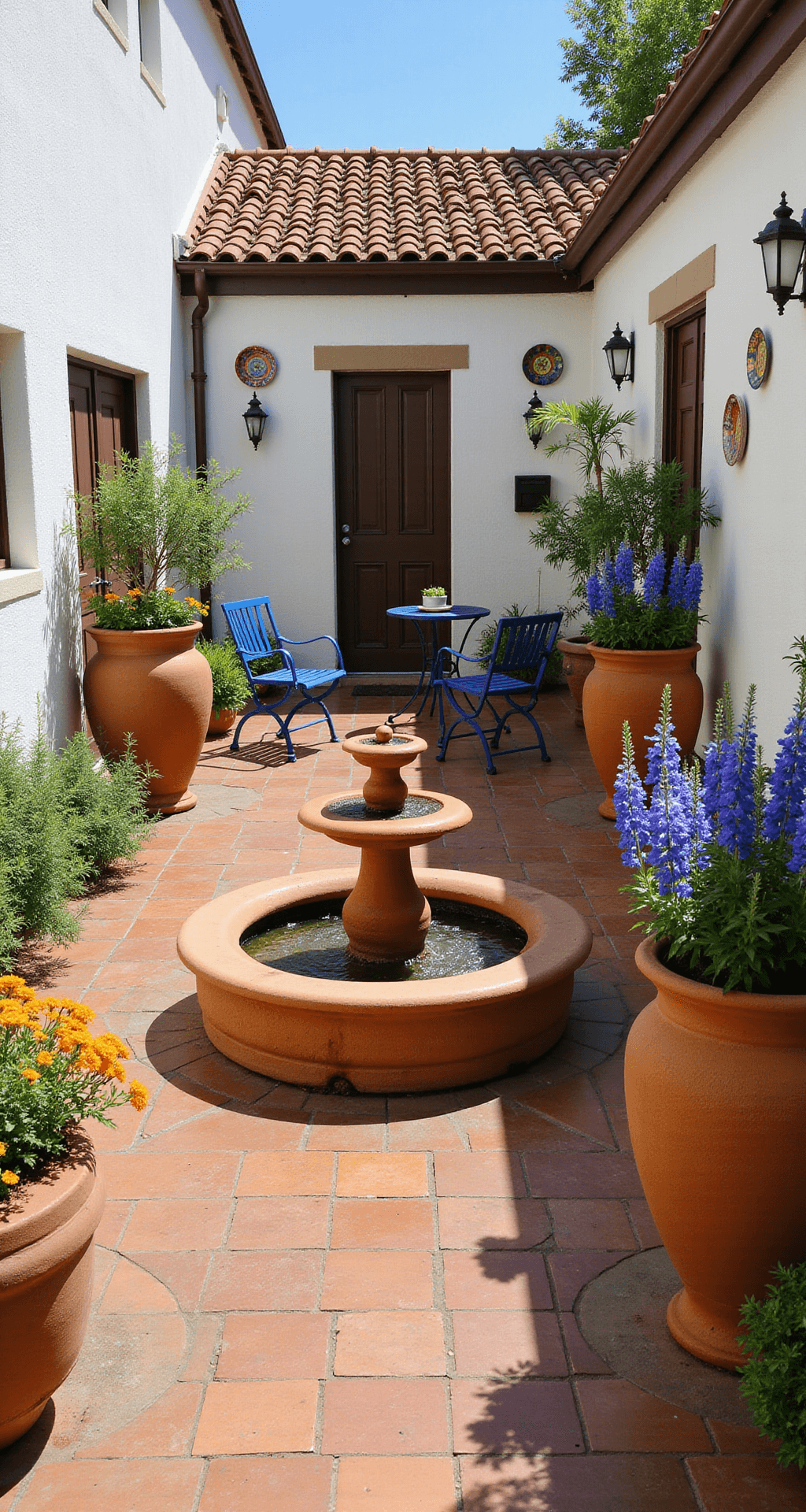 A sunlit Mediterranean courtyard featuring a tiered terracotta fountain at the center, surrounded by vibrant blue Delphiniums, orange Calibrachoa, and trailing Silver Falls Dichondra in large urns. The space is paved with sun-baked terracotta tiles, bordered by whitewashed walls decorated with colorful ceramic plates. A deep blue wrought iron bistro set provides seating, and strong shadows emphasize the textures and symmetry of the design.