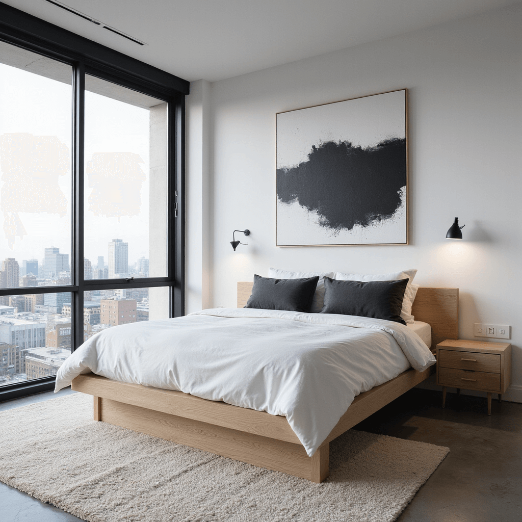 Modern minimal bedroom featuring a low-profile bleached oak platform bed with white bedding and charcoal accent pillows, an oversized black and white abstract canvas above the bed, polished concrete floors with an ivory area rug, and a matte black reading lamp, all illuminated by cool mid-morning light through floor-to-ceiling windows overlooking a city vista.