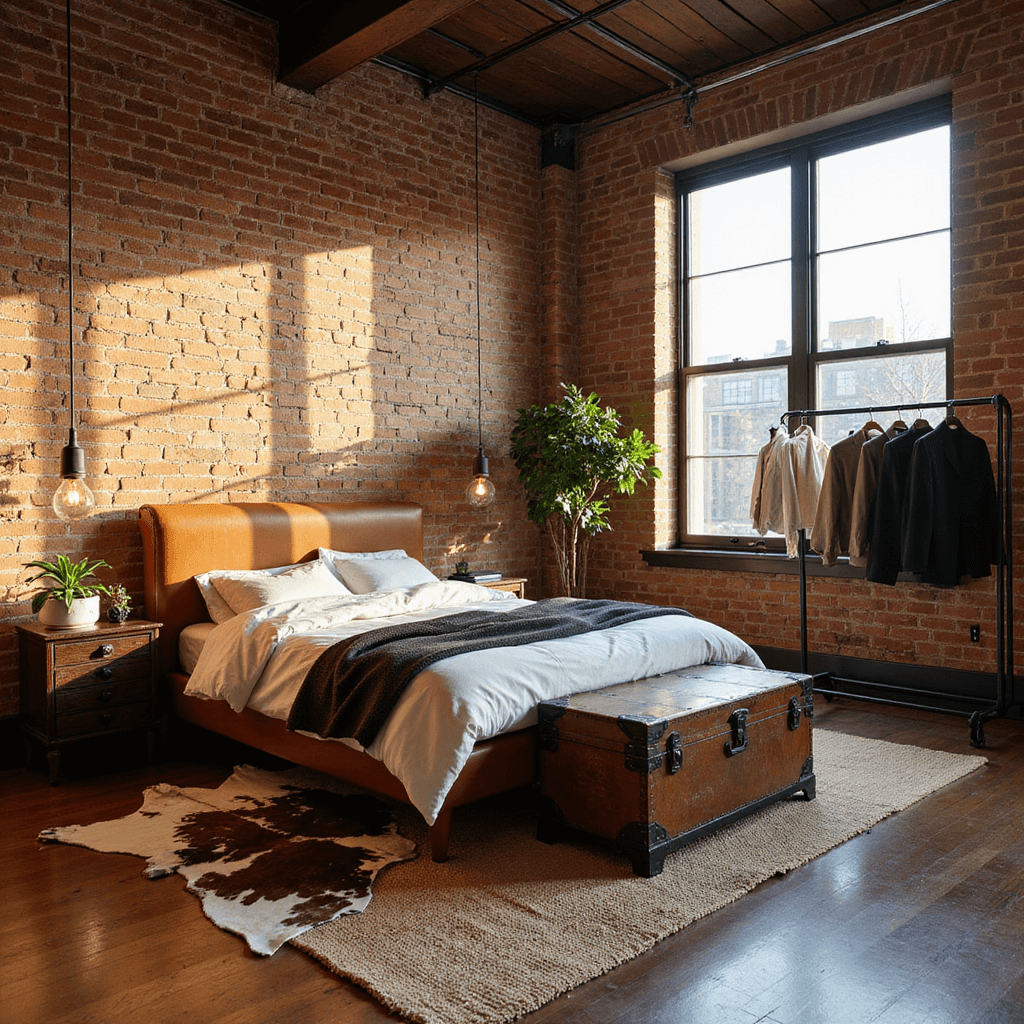 Industrial loft bedroom featuring exposed brick walls, steel-framed windows, and golden hour lighting. The design includes a leather-upholstered king bed, vintage trunk bedside table, black metal clothing rack, layered rugs, and a potted fiddle leaf fig, all captured from an elevated angle.