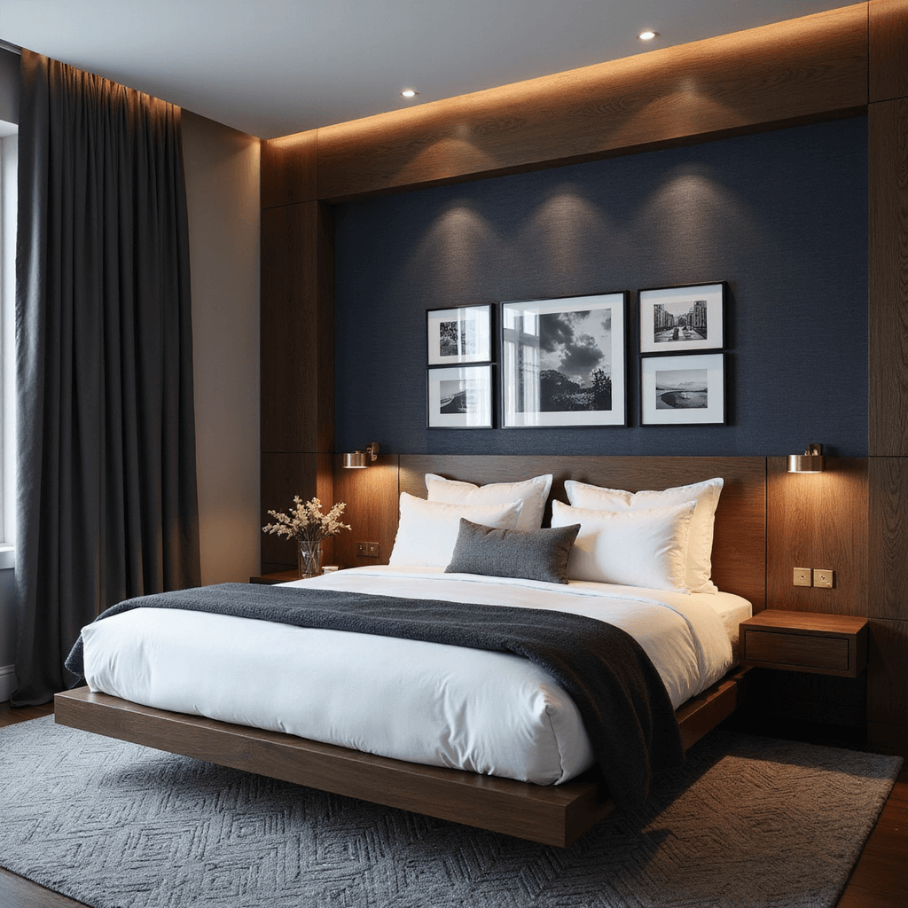Contemporary gentleman's bedroom featuring a floating dark walnut platform bed with integrated nightstands, navy grasscloth wallpaper, and framed black and white photography on a gallery wall, illuminated by dusk lighting and brass sconces, set on a slate gray herringbone wool carpet.