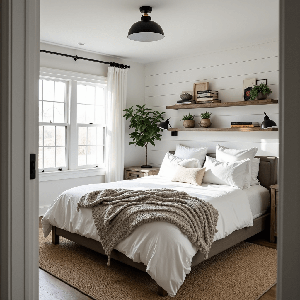A bright modern farmhouse teen bedroom featuring a queen bed with white linens, chunky knit throws, and a shiplap accent wall, illuminated by natural light from double-hung windows, with distressed wooden shelves and industrial sconces.
