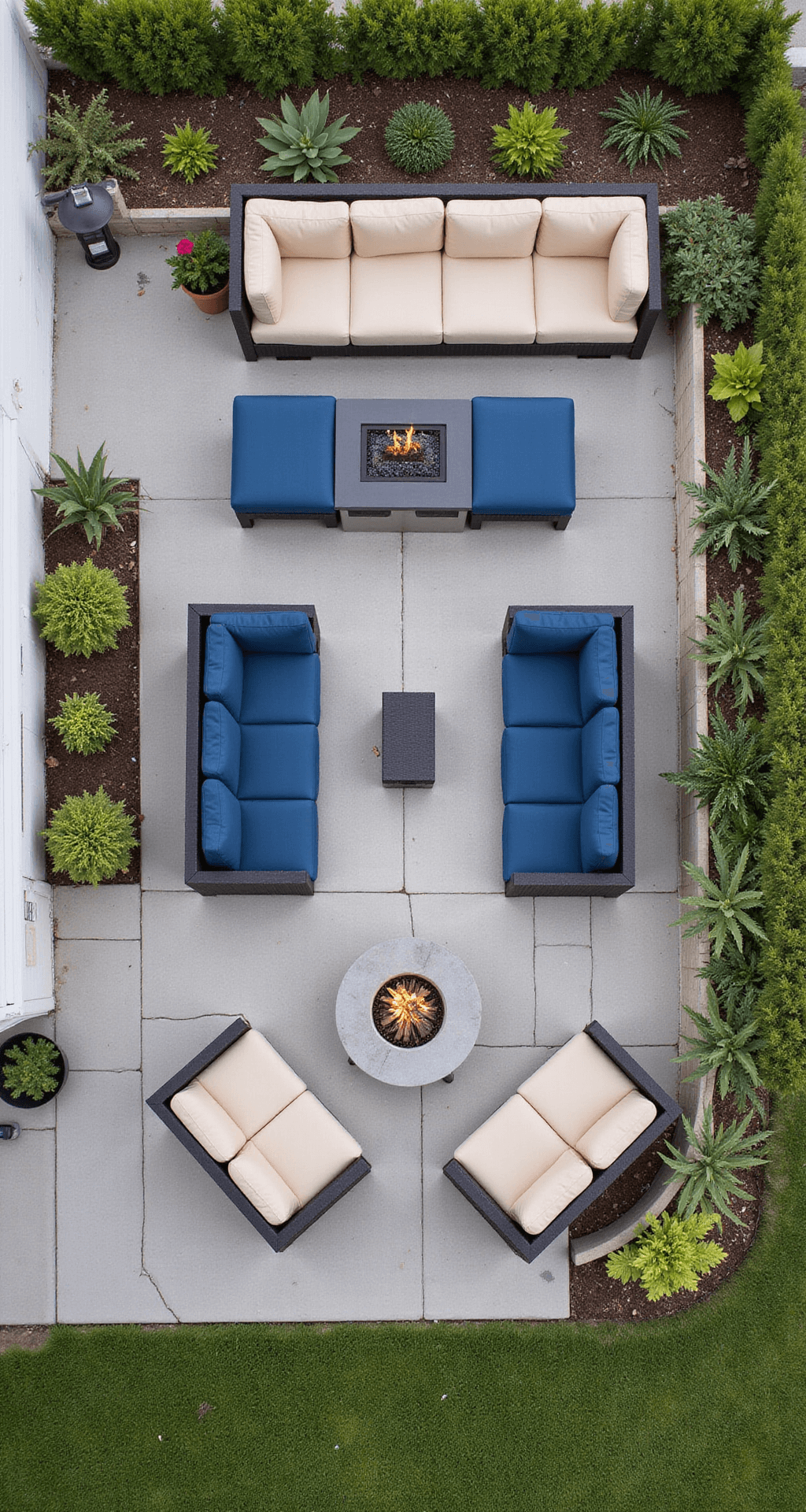 Aerial view of a compact multi-purpose entertainment zone featuring modular navy and cream furniture arranged for dining and lounging, with a portable gas fire pit on a stamped concrete patio and built-in storage benches for game equipment, showcasing space organization and flow patterns.