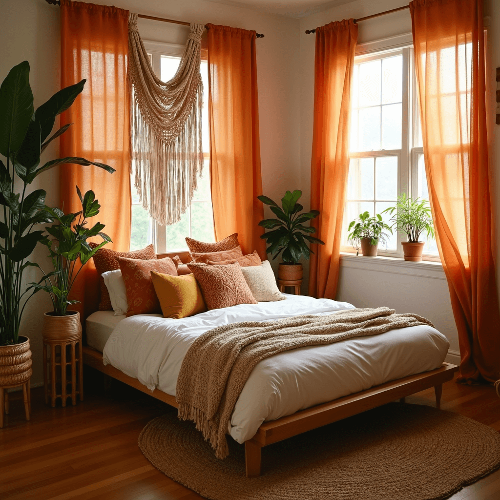 A cozy corner bedroom bathed in golden hour light, featuring a low-profile platform bed with white linen and embroidered pillows in terra cotta, mustard, and cream, surrounded by potted plants on vintage rattan stands, an oversized macramé wall hanging, and a jute rug on warm wooden floors.