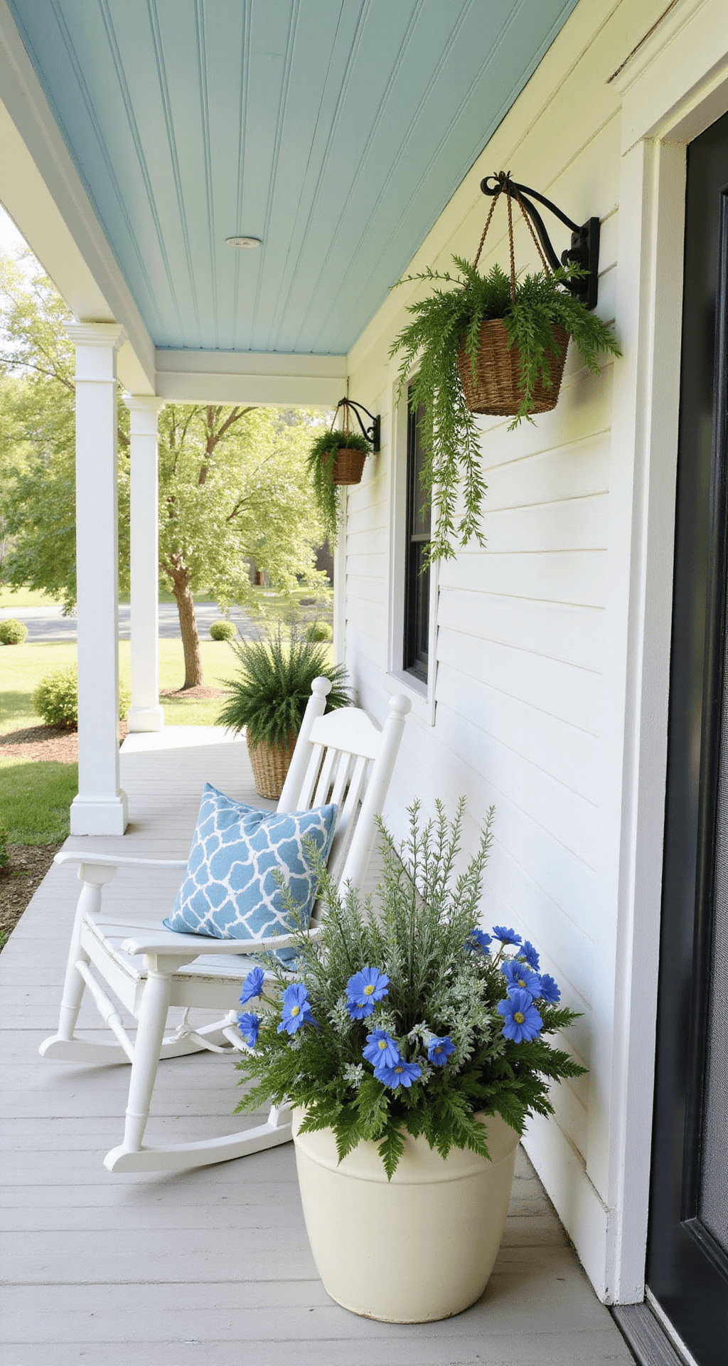 A charming Southern porch with white wood siding and a pale blue beadboard ceiling features a large cream planter overflowing with blue poppies and eucalyptus, a white rocking chair with a blue striped cushion, hanging ferns, and a vintage screen door, all bathed in soft morning light filtering through a magnolia tree.