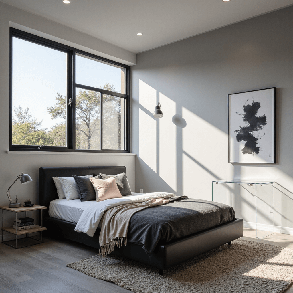 A minimalist teen retreat with dramatic floor-to-ceiling windows, featuring a platform bed in matte black with color-blocked bedding, a Lucite desk, and abstract black and white artwork, all bathed in crisp afternoon light casting geometric shadows across pale gray walls.