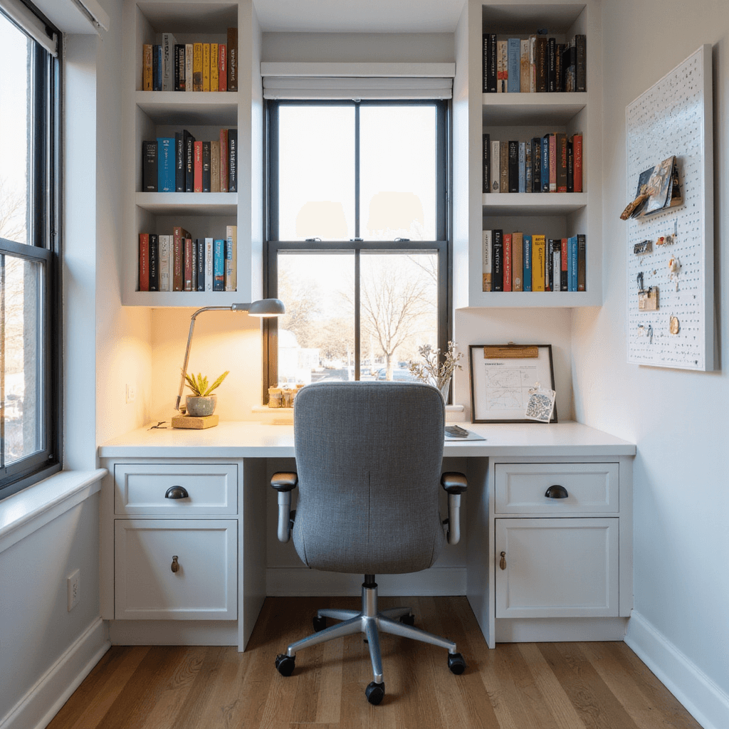 A well-organized study hub sanctuary featuring a white lacquer built-in desk with an ergonomic gray chair, surrounded by floating shelves filled with color-coded books and minimalist decor, illuminated by a sleek LED desk lamp.
