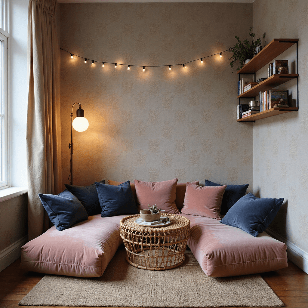 Cozy 8x8ft corner nook with textured metallic geometric wallpaper, oversized velvet cushions in dusty rose and navy, surrounded by a low-profile rattan side table. Ambient string lights and a brass floor lamp illuminate the space, while a floating bookshelf displays novels and personal mementos, captured from a wide-angle perspective.