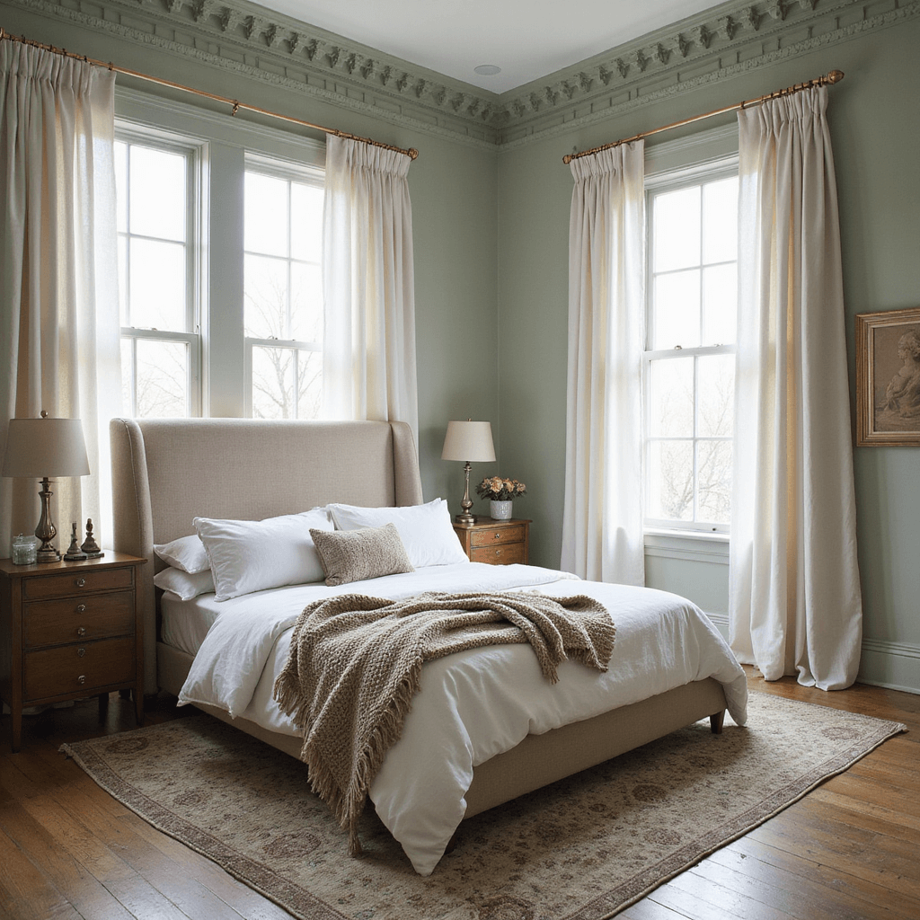 Serene contemporary bedroom with sage green walls and crown molding, featuring a queen upholstered bed with white bedding, a vintage Persian rug, and mixed metallic accents, bathed in morning light filtering through sheer curtains.