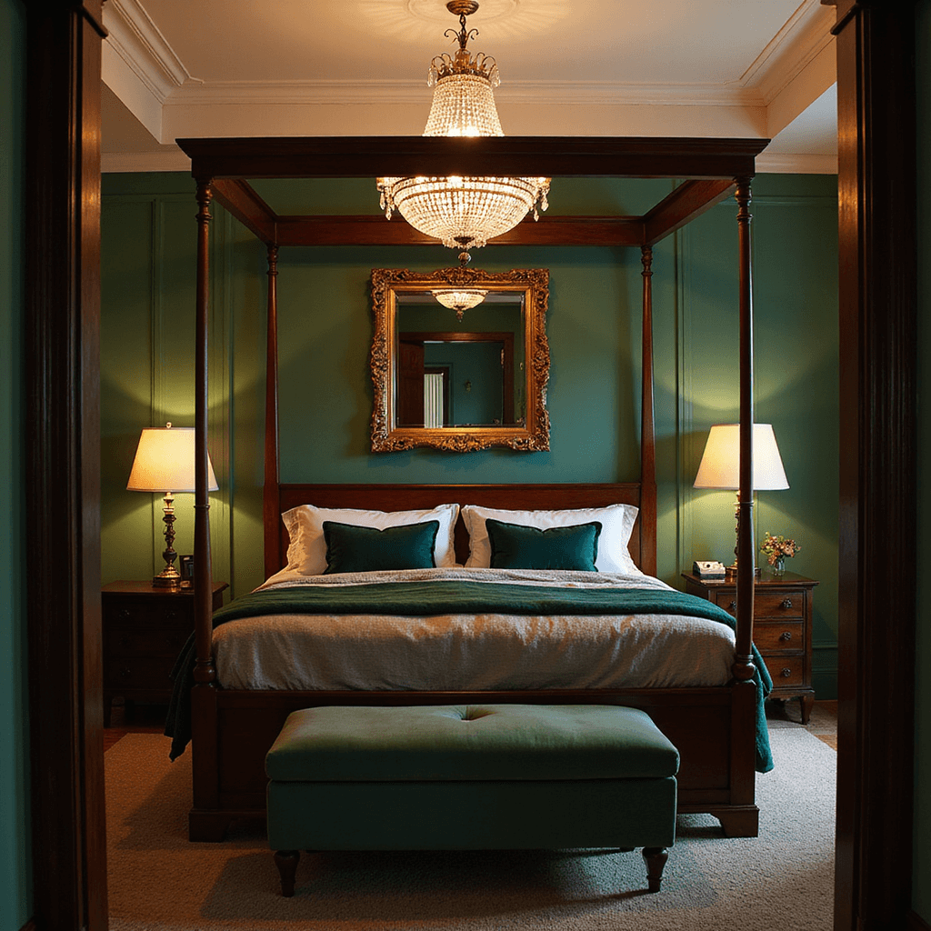 Luxurious bedroom at dusk featuring a dramatic four-poster bed in dark walnut, emerald green accent wall, and velvet upholstered bench, illuminated by a romantic crystal chandelier and accented with jewel tones, captured from the doorway to highlight symmetry and grandeur.
