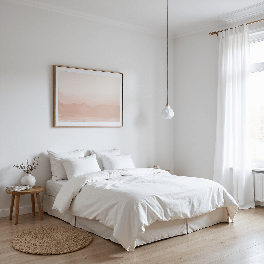 Minimalist Scandinavian bedroom featuring a low-profile platform bed with white linens, oversized abstract art in blush tones, geometric pendant light, and natural fiber rug on pale blonde wood floors, all under bright midday lighting.