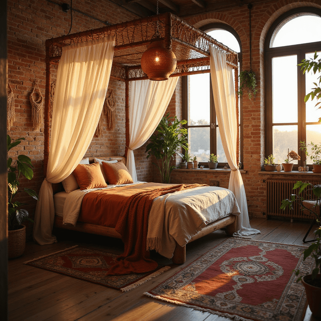 Bohemian bedroom retreat featuring a rattan canopy bed with sheer white curtains, layered textiles in rust, terracotta, and cream, an exposed brick accent wall, vintage hardwood floors, and warm copper pendant lights, all illuminated by golden hour sunlight filtering through a western window.