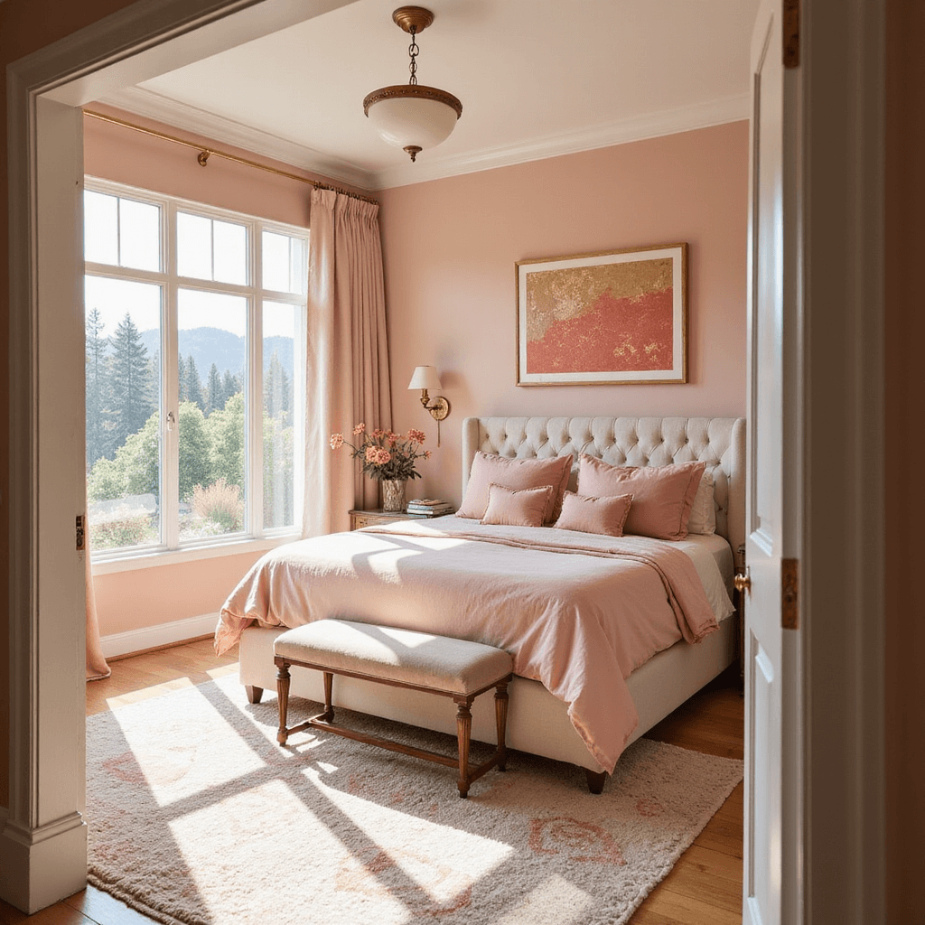 A sunlit bedroom with blush pink walls, featuring a tufted cream velvet king bed dressed in silk bedding, vintage brass sconces, oversized abstract artwork, and a plush Moroccan rug, captured from the door frame at a dreamy angle.