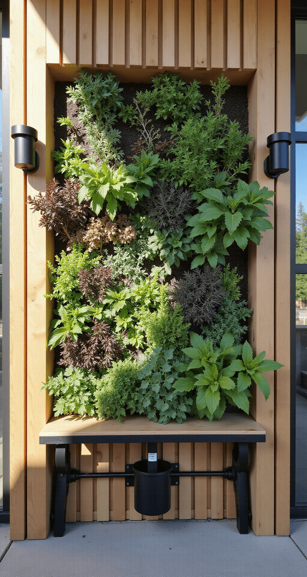 Detail of a vertical garden wall system showcasing mixed succulents and herbs against a slatted cedar backdrop, with visible integrated irrigation, a fold-down potting station, and industrial-style sconces, captured in afternoon light with a macro lens highlighting plant textures and materials.