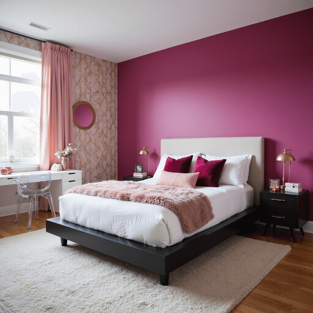 A modern teen bedroom featuring a bold magenta accent wall, contemporary platform bed with black frame and white linens, geometric gold and pink wallpaper, acrylic ghost chair at a white desk with rose gold accessories, and layered textiles including a faux fur throw and deep rose velvet pillows, all illuminated by crisp morning light.
