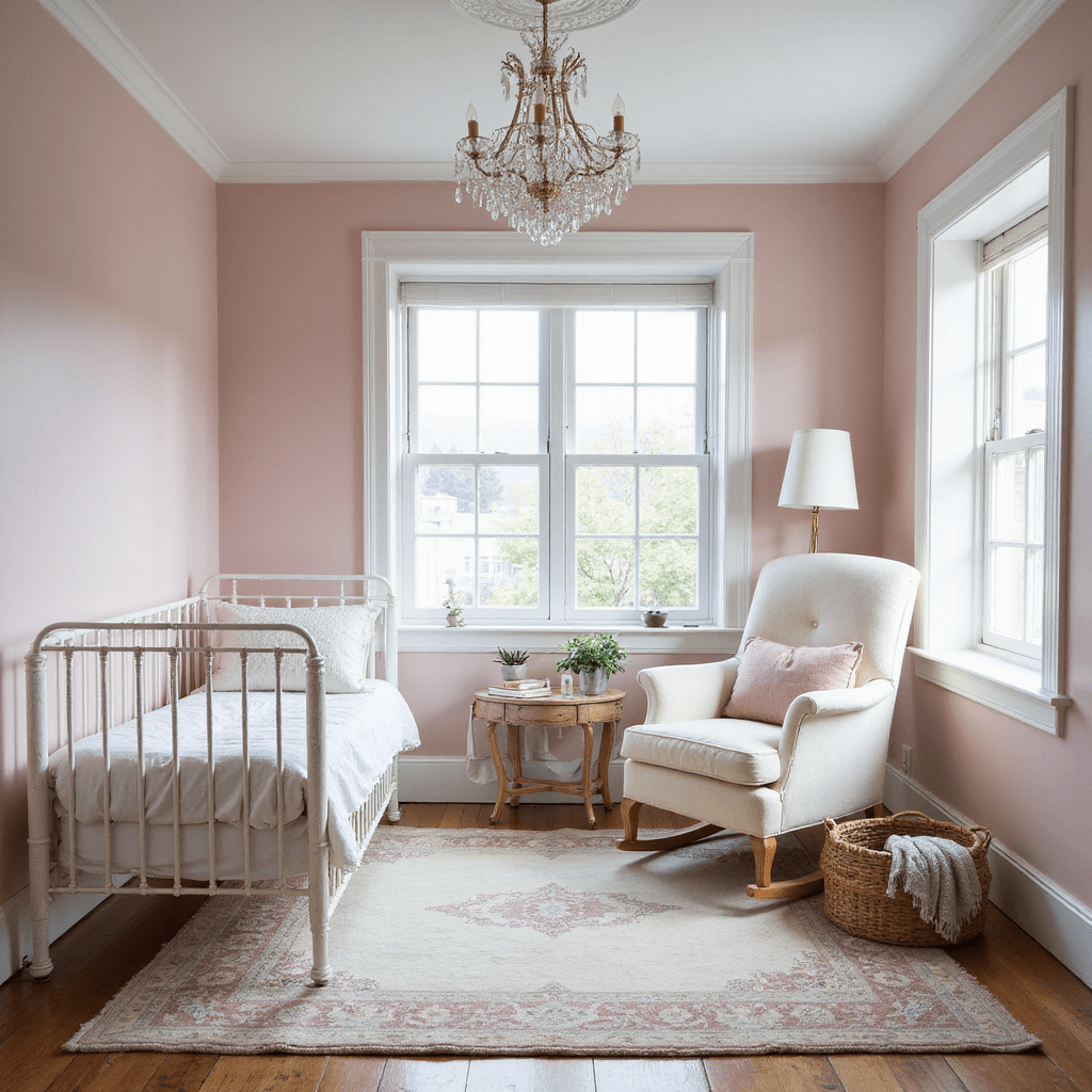 A softly lit nursery featuring pale pink walls, a Victorian-style white iron crib with scalloped bedding, an oversized ivory wool rocker with blush cushions, and a vintage Persian rug, all under a delicate crystal chandelier.