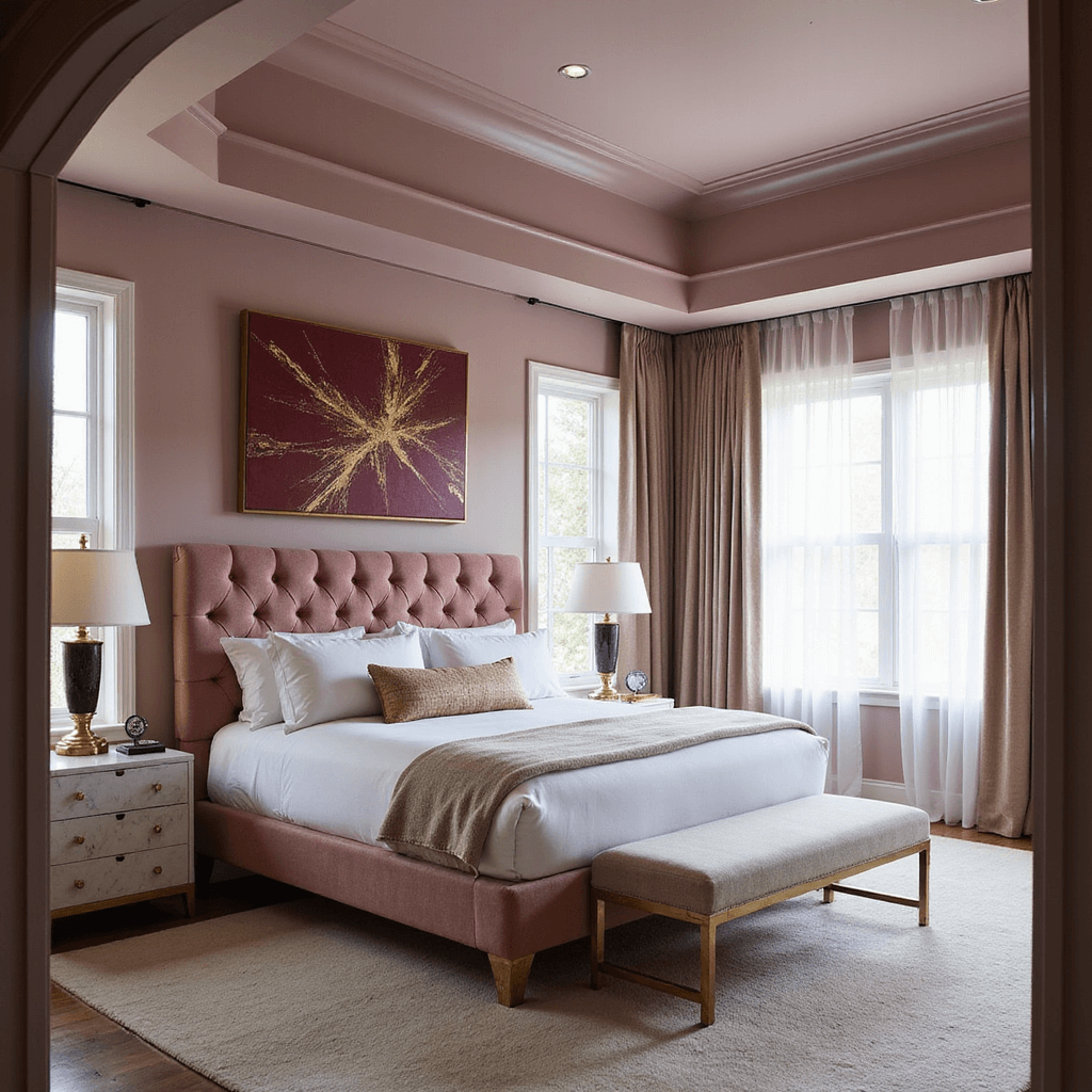 Contemporary primary suite featuring a dramatic 12ft tray ceiling, mauve-pink walls, a king-size bed with a rose velvet headboard, brass and marble nightstands, and floor-to-ceiling windows with sheer drapes, all bathed in morning light.