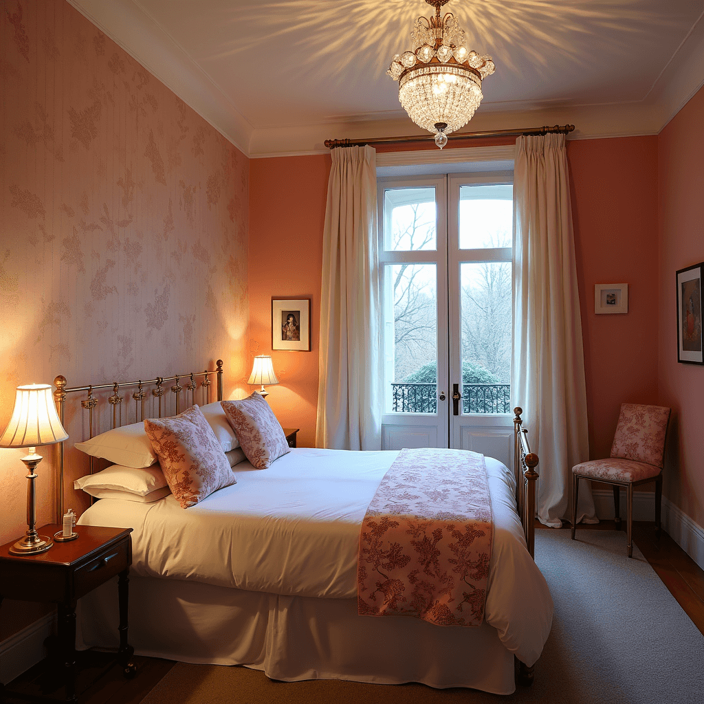 Cozy guest room featuring warm salmon pink walls, an antique brass bed with white linens and pink toile pillows, and a crystal chandelier, captured during blue hour with vintage lighting, French doors opening to a Juliet balcony.