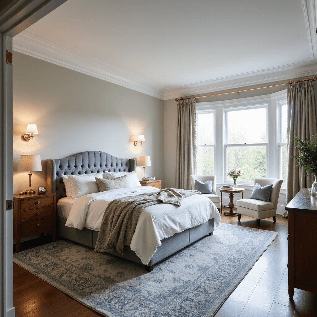 Spacious bedroom with king-size bed and tufted grey velvet headboard, flanked by walnut nightstands and brass lamps, bathed in warm morning light from floor-to-ceiling windows, featuring cream linen bedding, a muted blue Persian rug, and two accent chairs near a bay window, all under soft natural lighting and crown molding.