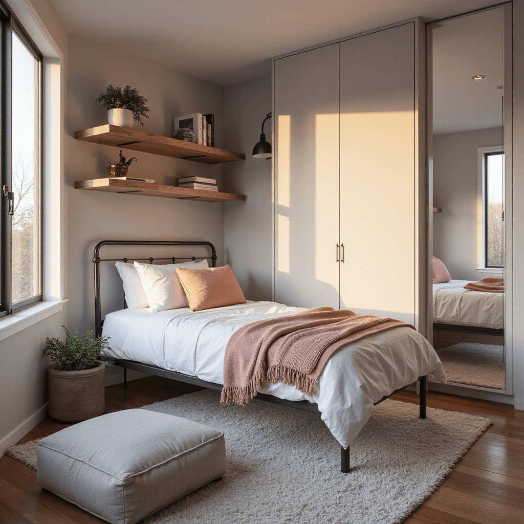Intimate 10x12ft bedroom featuring a twin bed with a slim metal frame, crisp white linens, and dusty rose accents, built-in floating shelves, a compact acrylic desk, and a multi-functional ottoman. Mirrors enhance light in an airy environment with a color palette of soft greys and blush tones, captured in natural and task lighting.