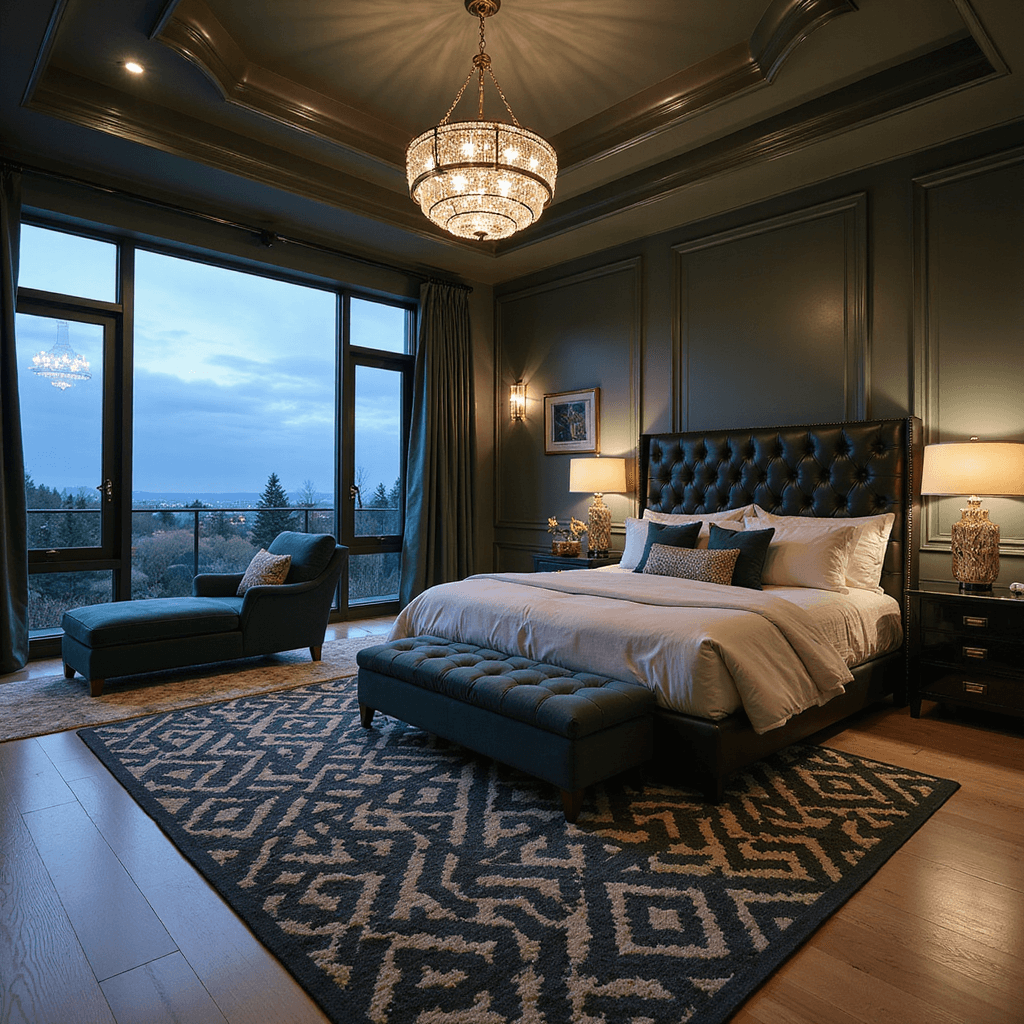 Luxe large bedroom suite at dusk with a California king bed, dramatic leather headboard, velvet chaise lounge, and contemporary reading chair, accented by geometric area rugs, a crystal chandelier, and rich jewel tones.