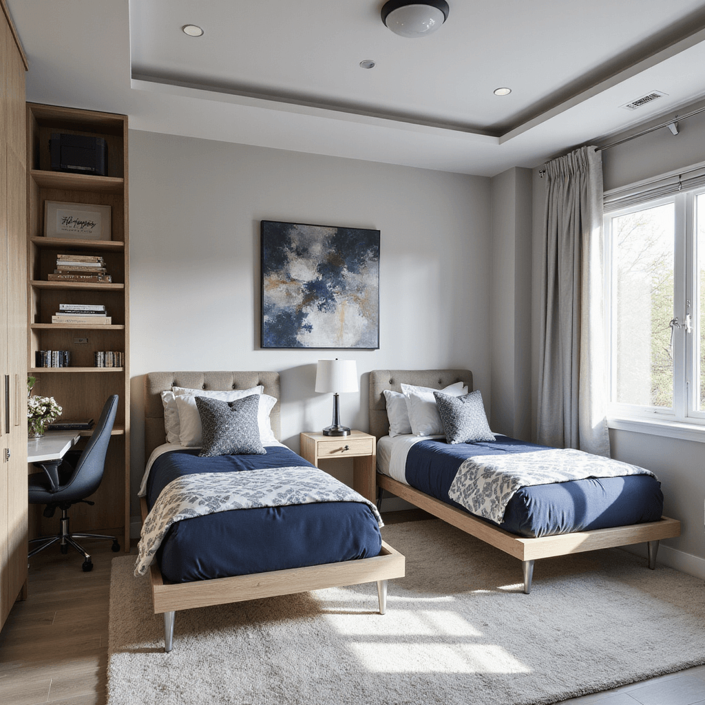 Modern teen bedroom featuring twin platform beds in L-configuration with coordinating navy and grey geometric bedding, individual study areas with floating desks, built-in wardrobes, and abstract wall art, all illuminated by bright afternoon light for a youthful yet sophisticated ambiance.
