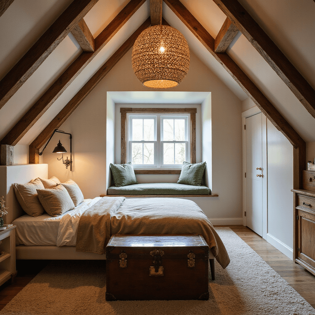 Charming attic bedroom with sloped ceilings and exposed beams, featuring a queen bed, custom built-ins, vintage trunk window seat, and ambient woven pendant lights in a rustic modern style.