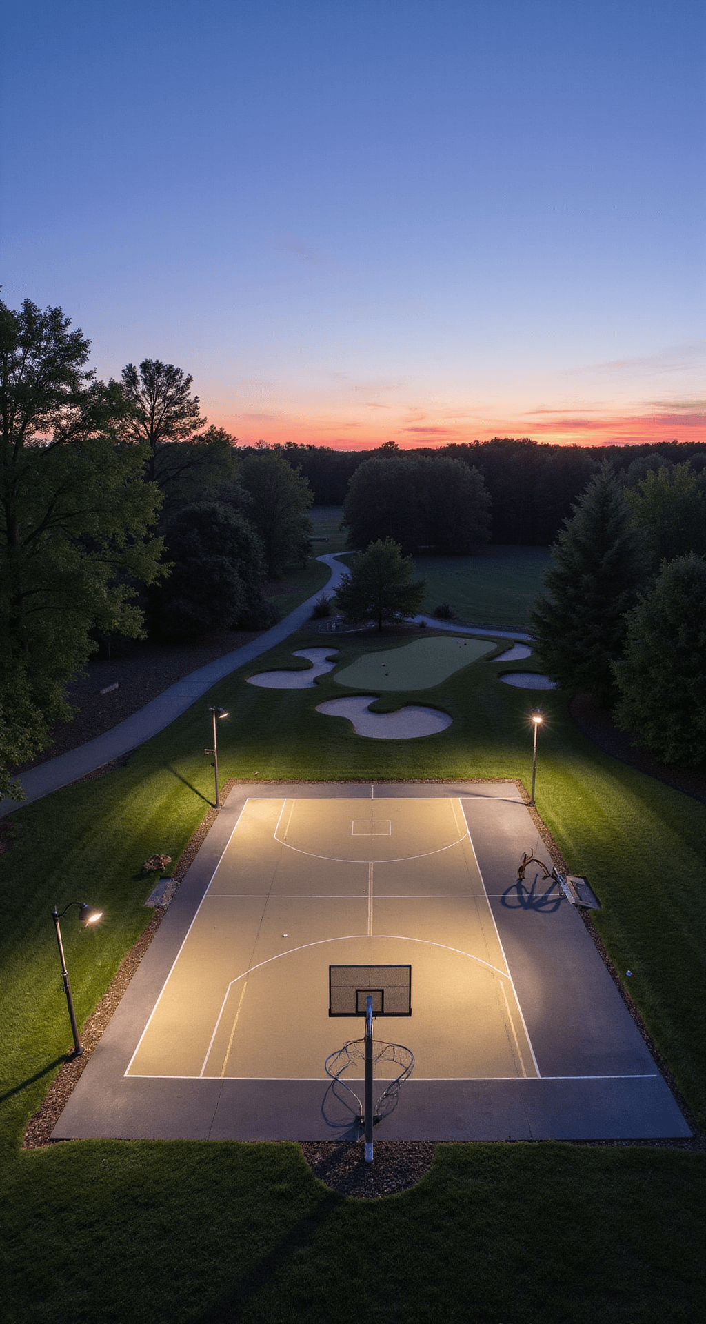 Wide shot of a sports/recreation zone at sunset, featuring a multi-game court for basketball and pickleball, alongside a custom putting green with three holes. LED ground lighting highlights the activity areas, with the camera positioned at 15 feet elevation showcasing the layout and flow of the space in cool evening tones.