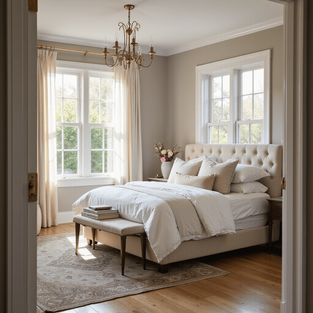 A serene primary bedroom featuring tall windows with sheer linen curtains, warm neutral walls, a plush king bed with layered white and cream linens, natural oak floors with a vintage Persian rug, brass sconces, and a modern chandelier, styled with art books and a ceramic vase of peonies, captured in golden hour light.