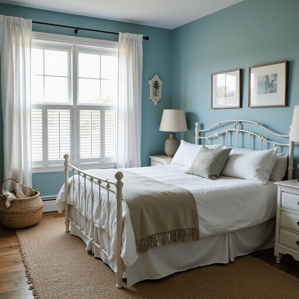 Intimate bedroom with Pavilion Blue walls, a weathered white iron bed, ocean-inspired linens, and plantation shutters casting shadows; adorned with a sisal rug, whitewashed furniture, and coastal decor like sea glass collections and woven baskets.