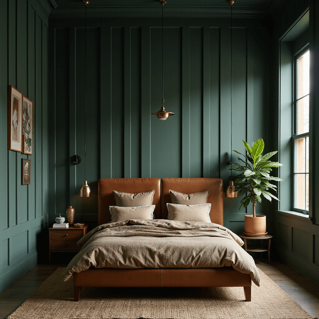 A moody primary suite in rich Calke Green, featuring tall board and batten walls, a leather-upholstered platform bed with organic linen bedding, vintage brass lighting, and a potted fiddle leaf fig, all captured at dusk with dramatic side lighting emphasizing textures and curated vignettes.