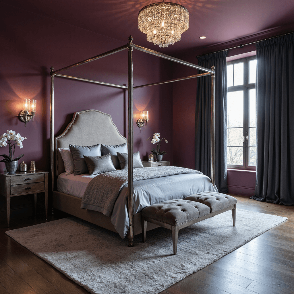 A luxurious 13x15ft bedroom with dark mauve walls, featuring a contemporary four-poster bed in silvery grey silks, a crystal chandelier casting light patterns, and charcoal velvet blackout curtains framing tall windows, all styled with orchids and art deco accessories.