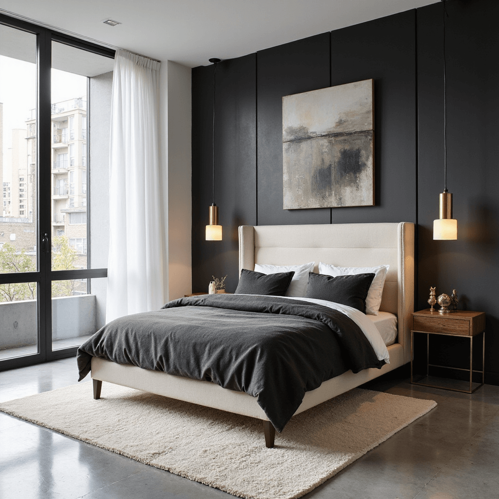A stylish 16x16ft bedroom featuring a soft black accent wall, an upholstered wingback headboard, and a modern platform bed with charcoal linen and ivory cashmere. Floor-to-ceiling windows let in morning light, complemented by minimal white drapes. The room has polished concrete floors with a cream plush wool carpet, showcasing minimalist brass sculptures, abstract art, and curated bedside vignettes, all captured from a corner angle for depth and detail.