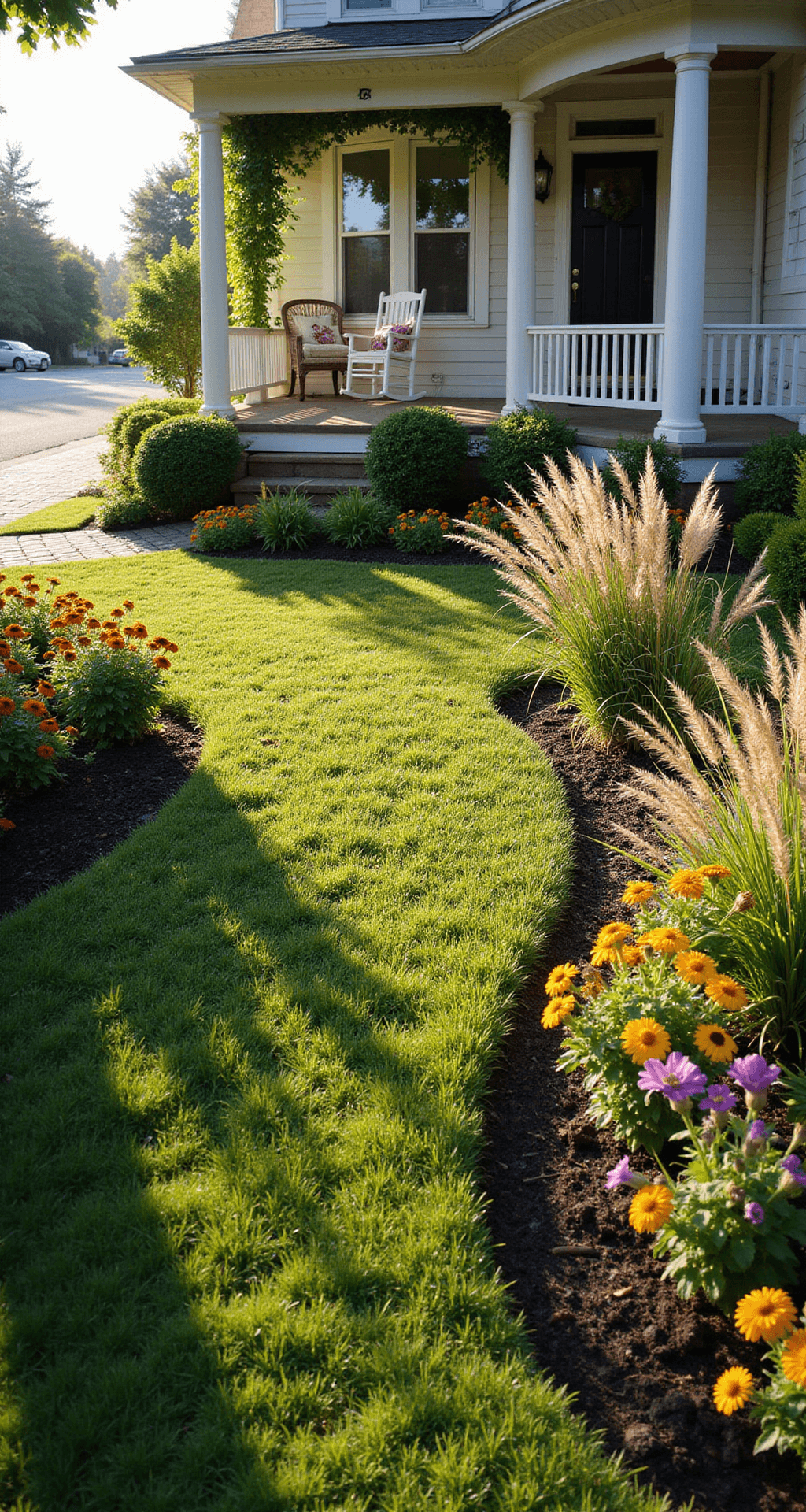 A picturesque front yard garden scene featuring a manicured lawn bordered by colorful flower beds, with black-eyed Susans, daylilies, and coneflowers, framed by a white picket fence and climbing roses. A cozy cobblestone path leads to a welcoming craftsman-style home with a rocking chair on the porch, all bathed in soft morning light.