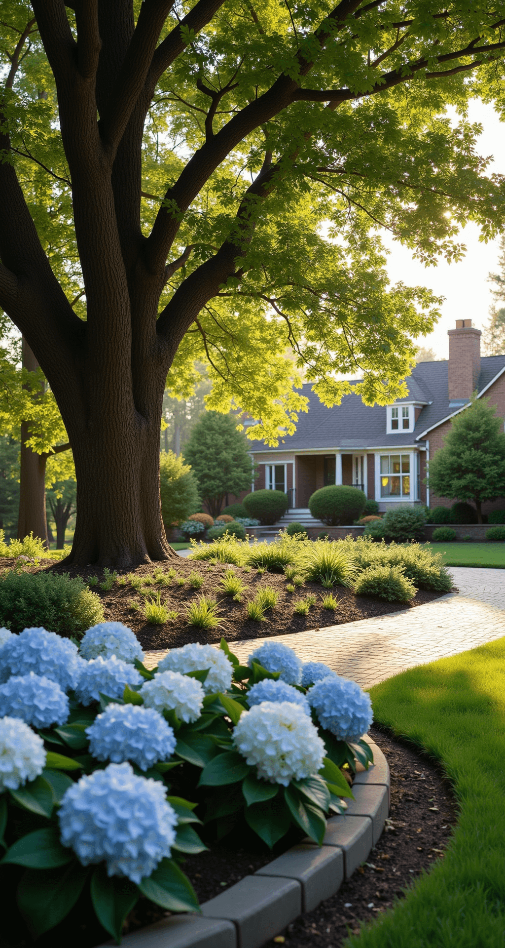 An elegant front yard landscape with a grand oak tree, evergreen shrubs, colorful perennials, a low stone wall, and a circular flower bed of blue and white hydrangeas, all bathed in warm golden hour light.