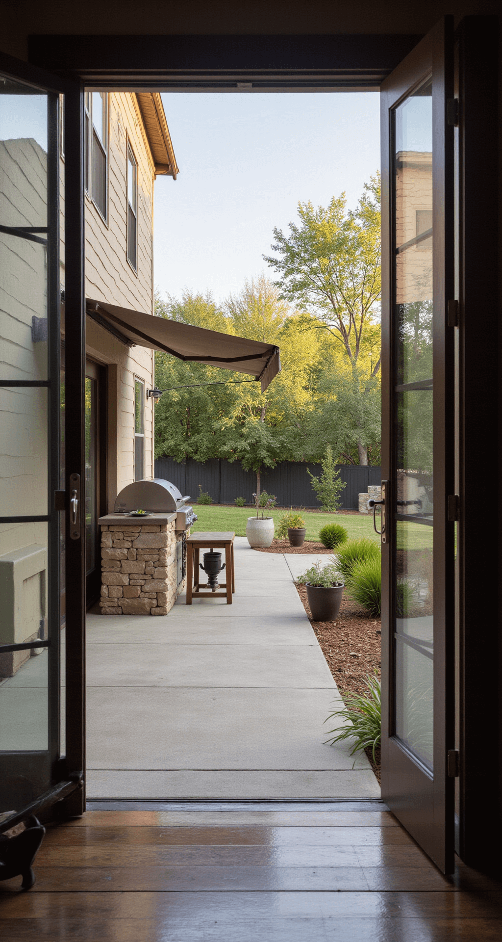Intimate view of a transition zone between a house and yard at morning light, featuring sliding glass doors leading to a stamped concrete patio with an outdoor kitchen. A retractable awning provides shade, and container gardens soften the corners, emphasizing the indoor-outdoor flow.