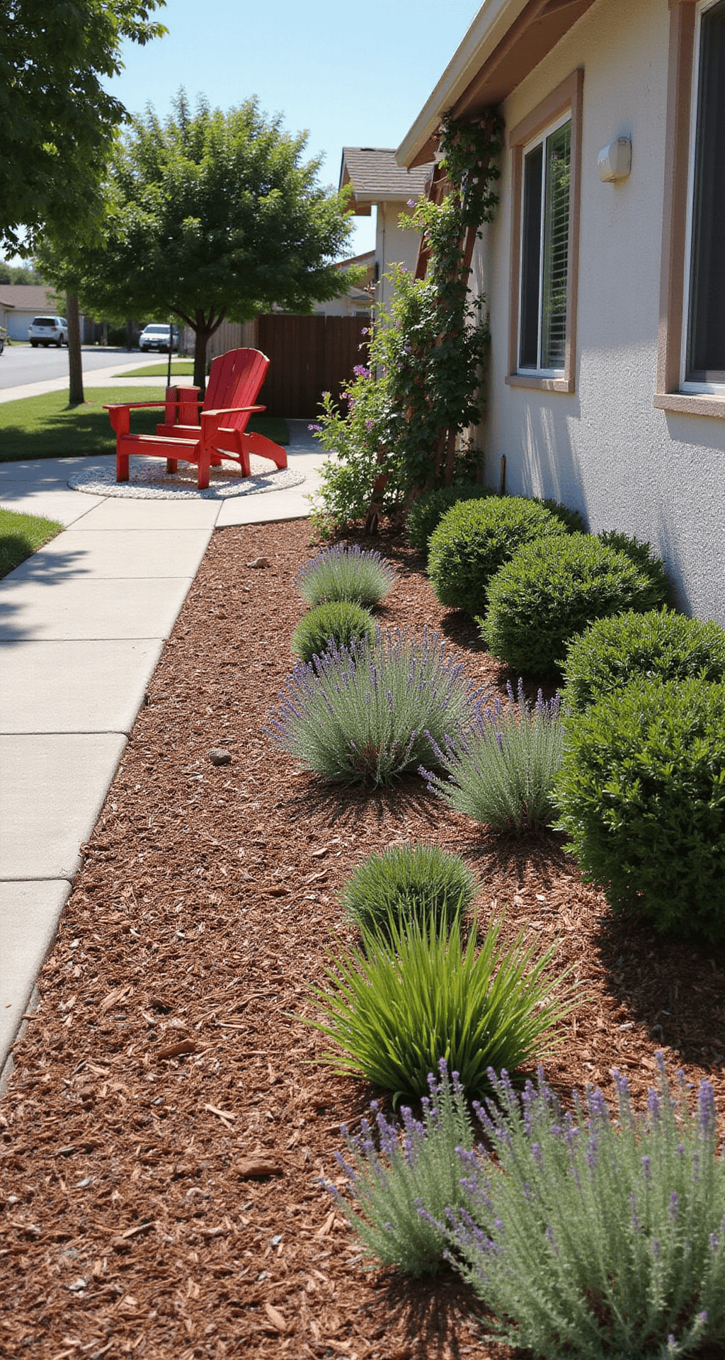 A budget-friendly front yard transformation featuring a mulched garden bed with drought-tolerant plants, a repurposed ladder trellis with climbing jasmine, and a vibrant red Adirondack chair surrounded by white pebbles, all illuminated by midday sun.