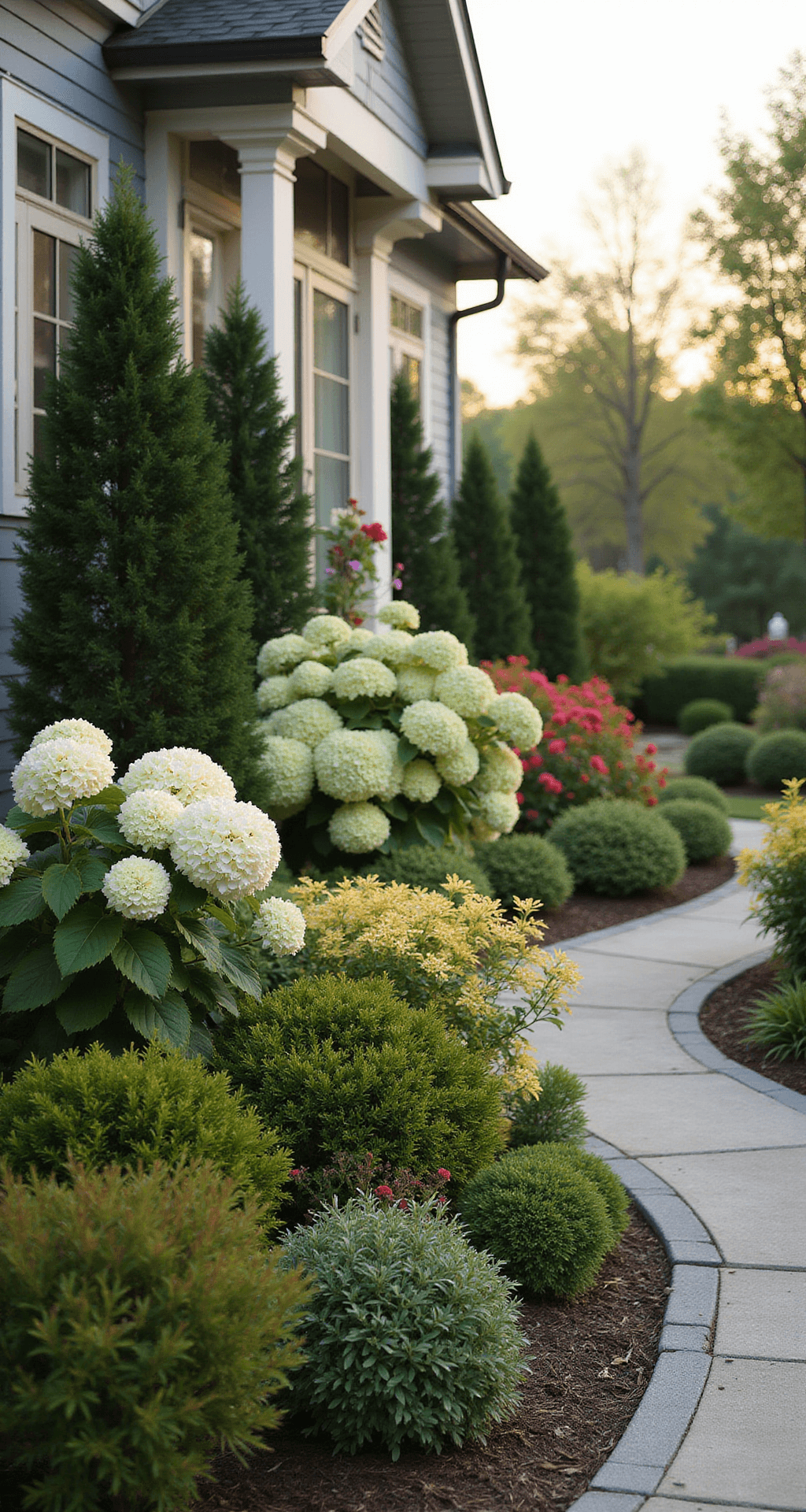 A lush foundation planting scene featuring evergreen shrubs and colorful perennials in soft, late afternoon light, with a prominent 'Limelight' hydrangea and a curved flagstone path leading to the front door, viewed at eye level to highlight the relationship between the plantings and the home's architecture.