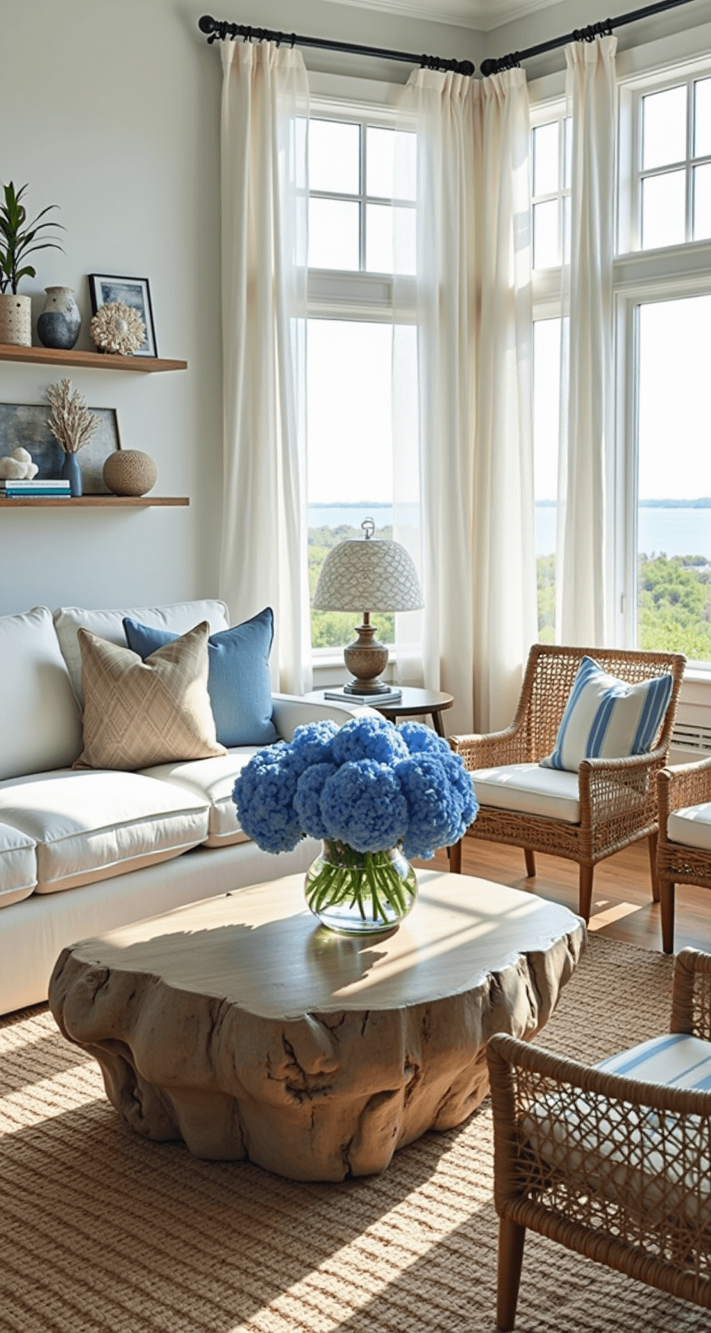 Bright coastal living room with bay windows, sheer white curtains, a white sectional with blue and beige pillows, rattan chairs, driftwood coffee table, and hydrangeas, all bathed in warm, natural light.