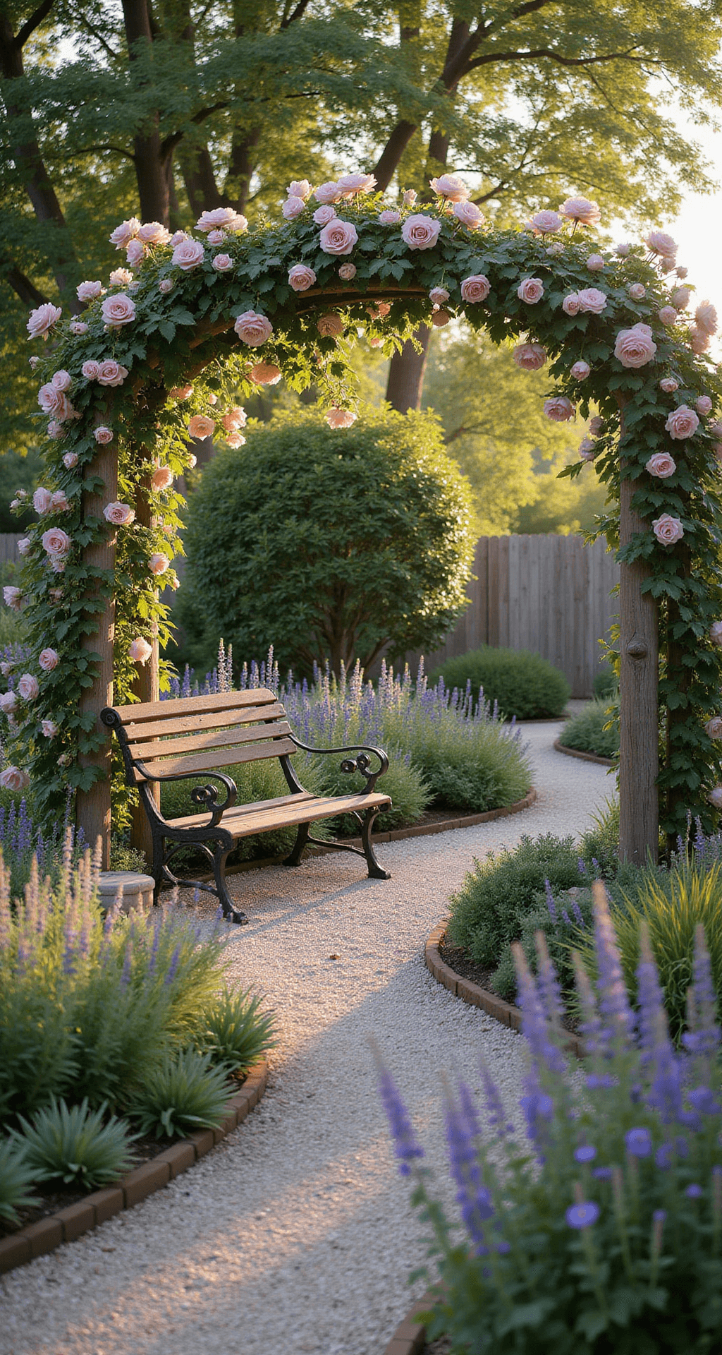 A dreamy cottage garden at golden hour, featuring winding gravel pathways, climbing roses on arbors, a variety of colorful flowers, and a vintage metal bench amidst flowering perennials, all bathed in soft evening sunlight.