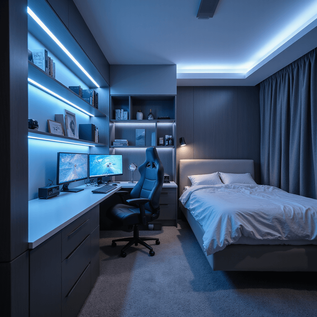 A contemporary bedroom with smart LED strip lighting in cool whites and blues, featuring a floating desk, ergonomic gaming chair, and dual monitor setup. The minimalist platform bed has integrated USB ports, all set in a slate grey and electric blue color scheme, captured in long exposure to emphasize the LED lighting with a shallow depth of field.