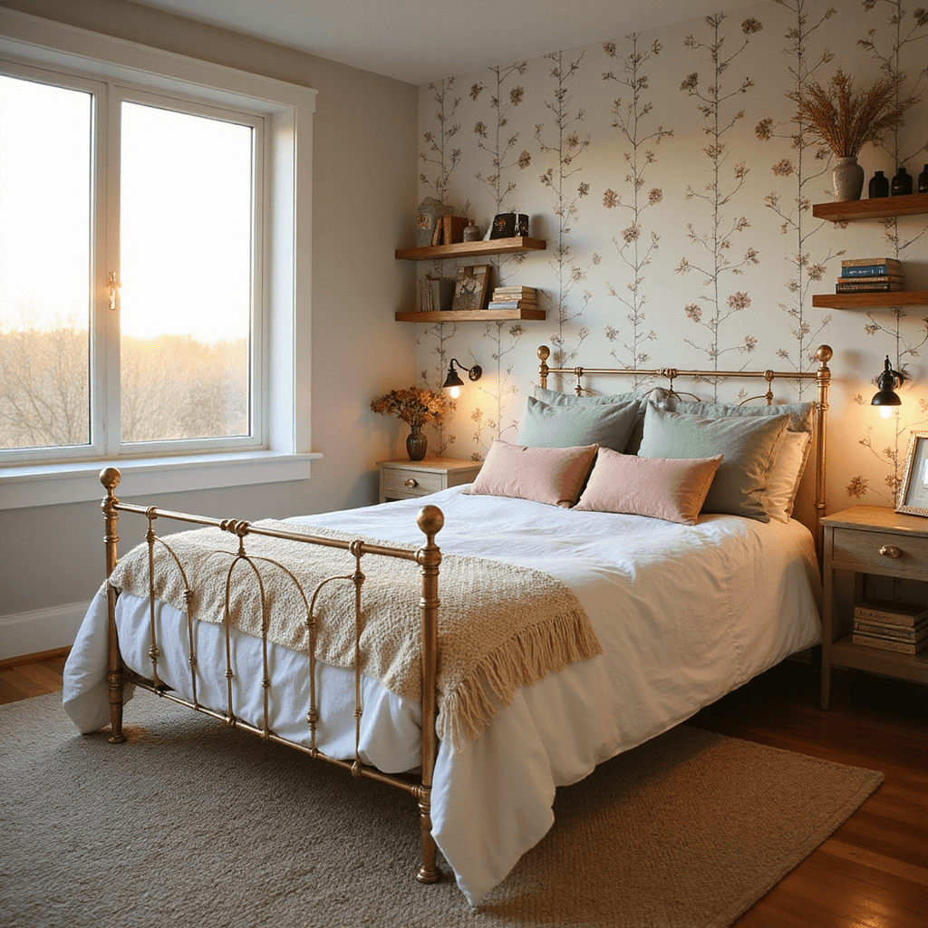 A sunlit teen bedroom with a cottagecore aesthetic, featuring a vintage brass bed with white linens, dusty rose and sage throw pillows, and climbing vine floral wallpaper. The room is styled with a chunky knit throw, brass accents, dried flowers, and natural wood shelves, all bathed in warm, diffused lighting at golden hour.