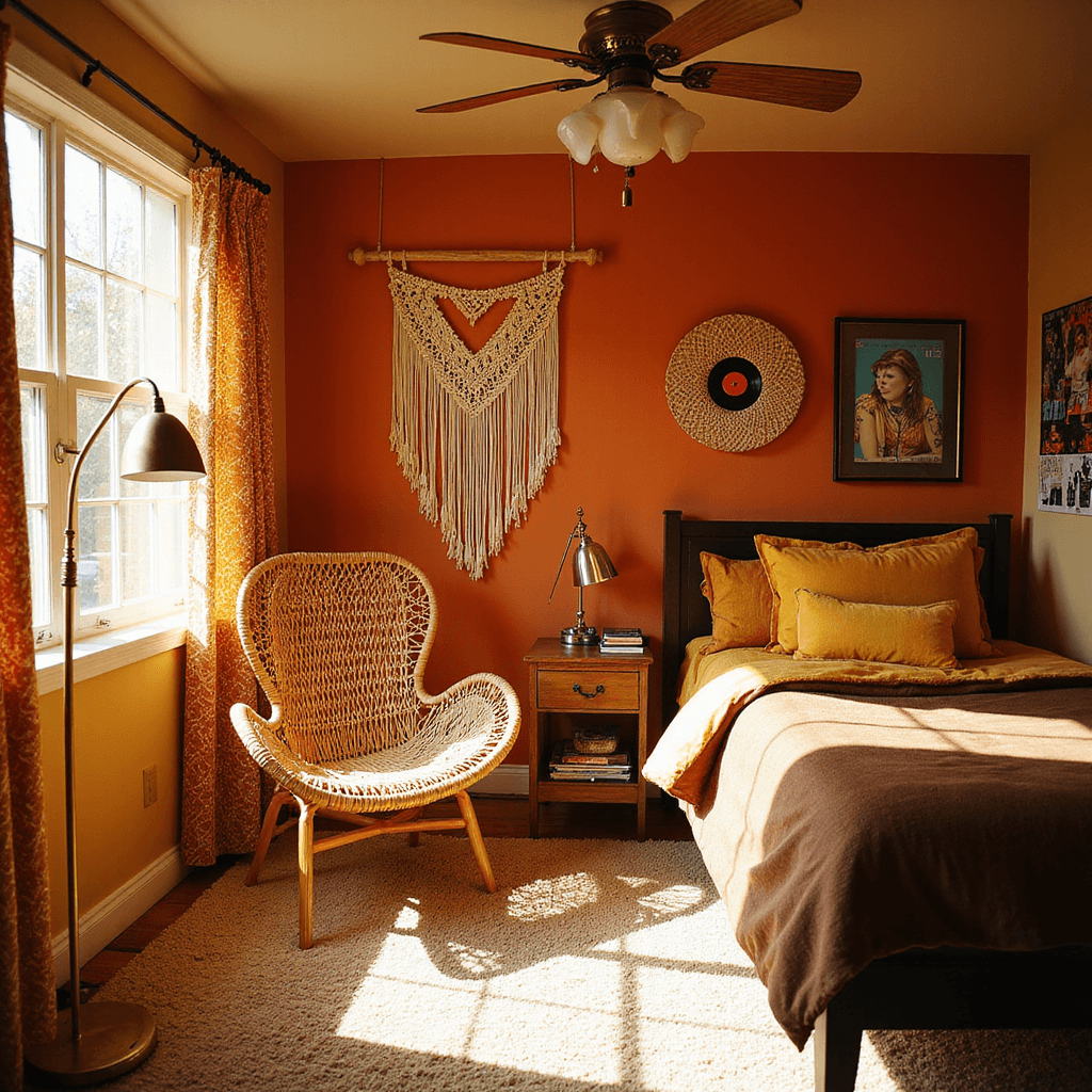 A vibrant 70s-inspired teen sanctuary featuring a rattan peacock chair on a burnt orange wall, macramé wall hangings, and geometric curtains in harvest gold. A low-slung platform bed with mustard yellow and chocolate brown bedding is complemented by a curved brass floor lamp illuminating a cream shag carpet. Vintage concert posters and a vinyl record display enhance the retro atmosphere, captured in warm mid-afternoon light.