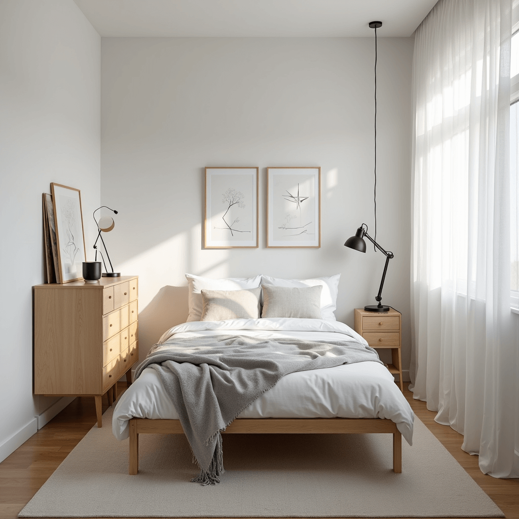A minimalist Scandinavian teen retreat featuring a centered full bed with white linens and gray accents, blonde wood furniture, a black metal task lamp, and minimal art prints, all illuminated by morning light streaming through sheer curtains.