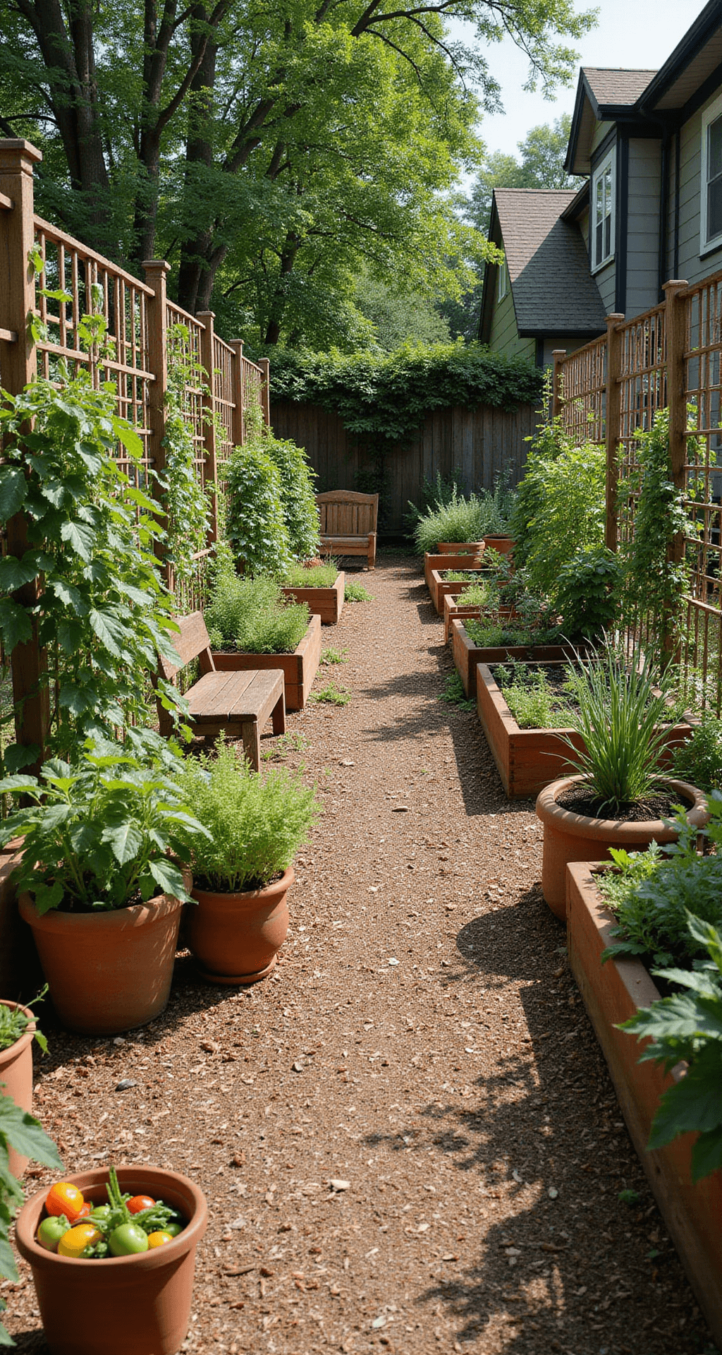 A vibrant vegetable garden featuring raised cedar beds, climbing plants on trellises, and colorful potted tomatoes and peppers, all set in a sunlit front yard with a rustic bench and herb planters, showcasing rich earth tones and lush greens.
