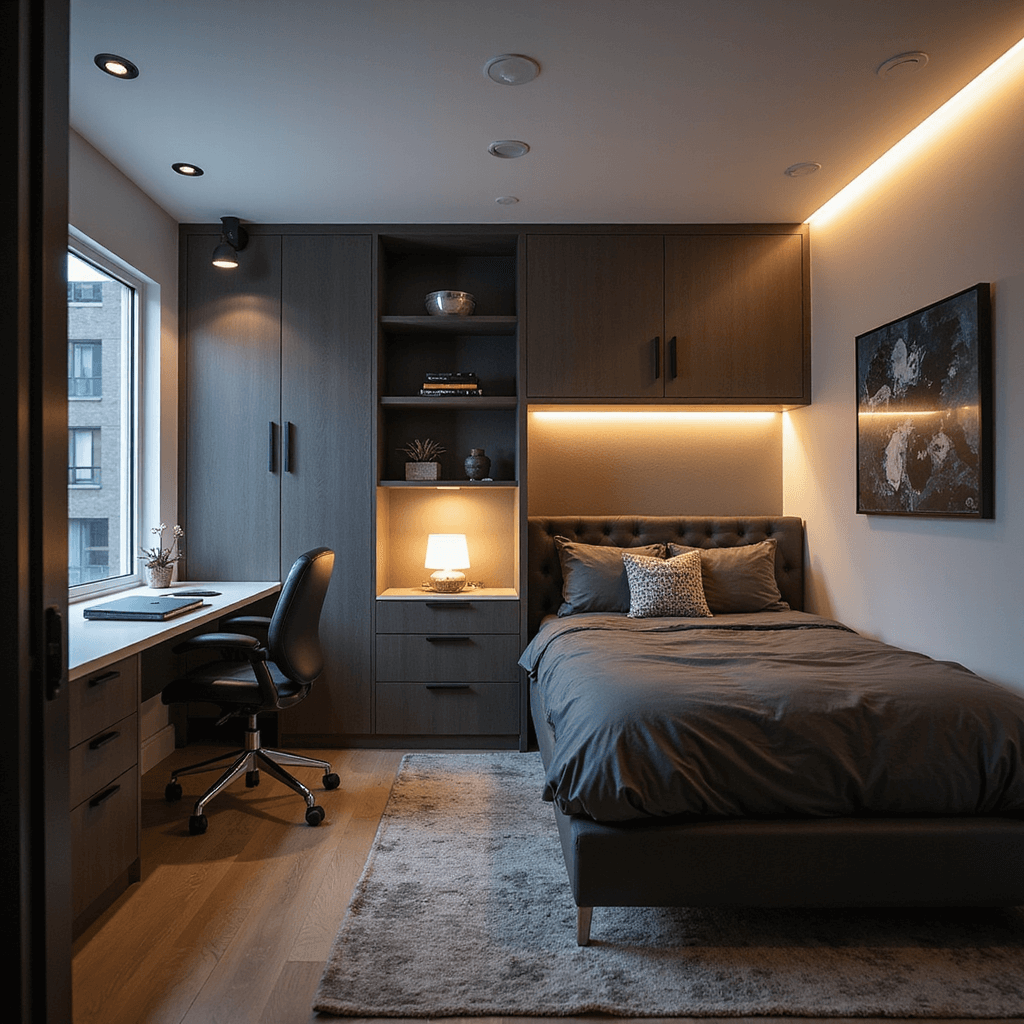 A contemporary teenage bedroom at dusk, showcasing a built-in desk with ergonomic chair, floating shelves, a modern charcoal gray platform bed, tech-inspired artwork, and smart storage solutions, all illuminated by cool white LED strip lighting.