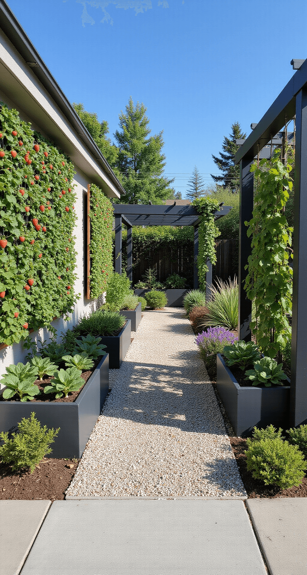 Urban front yard vegetable garden featuring vertical gardening elements, including a living wall of greens and strawberries, sleek raised beds, climbing squash and beans on obelisks, and a pergola with grape vines, set against a gravel path and vibrant flowers. Bright midday light emphasizes the garden's structure and colors.