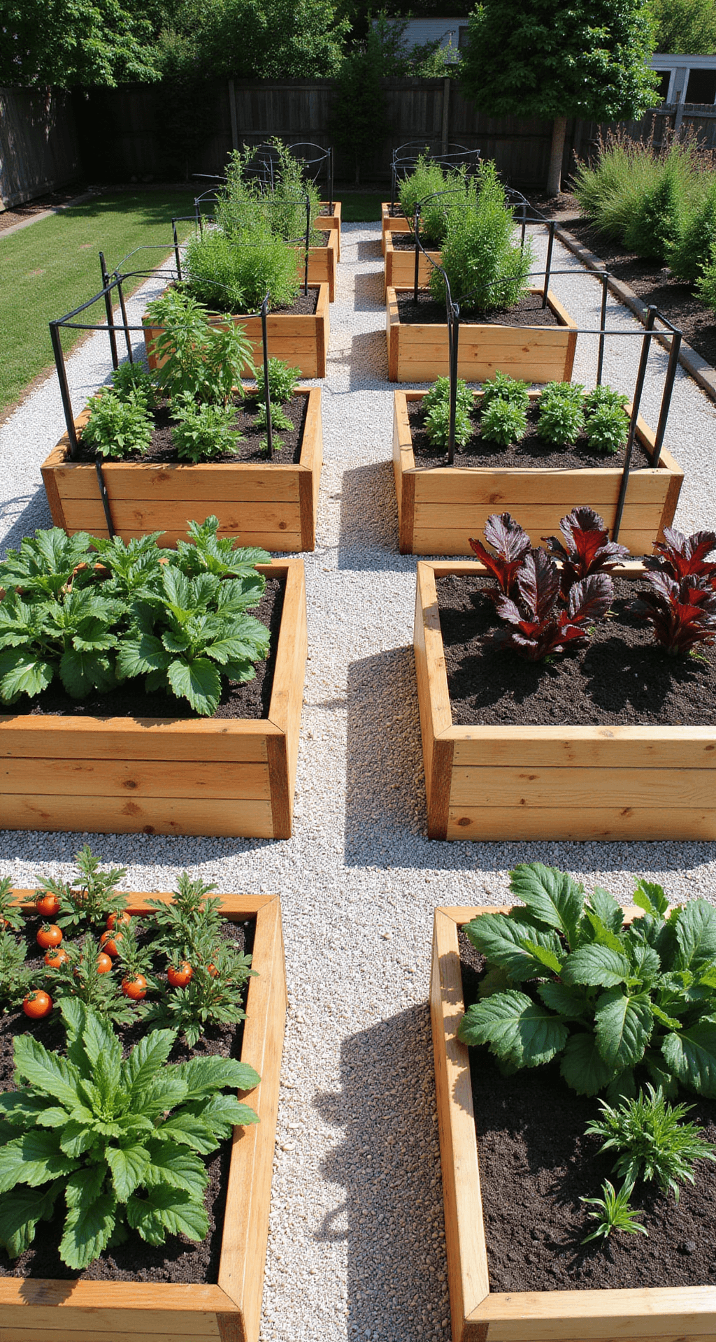 Aerial view of a modern raised bed garden featuring six 4x8ft cedar beds with organized rows of diverse vegetables, including tomatoes on trellises, leafy greens, and rainbow Swiss chard, separated by 3ft wide stone dust paths, all captured in bright morning light.